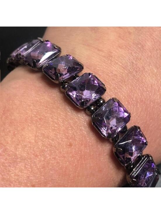 Jewelry - B0627 CR Purple Rhinestone Link Bracelet Adjustable  Black 7.5-10"